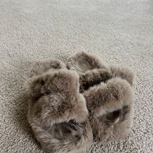 Faux Fur Slippers in Taupe